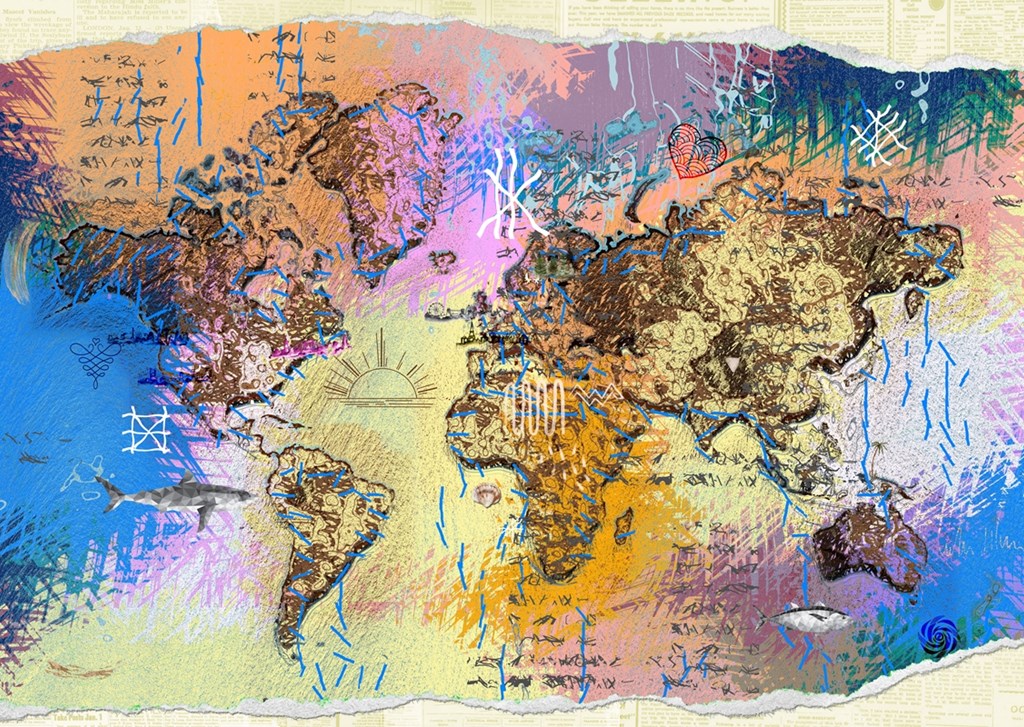 Weltkarte in Mixed | Poster von Arjen Roos Printler Media